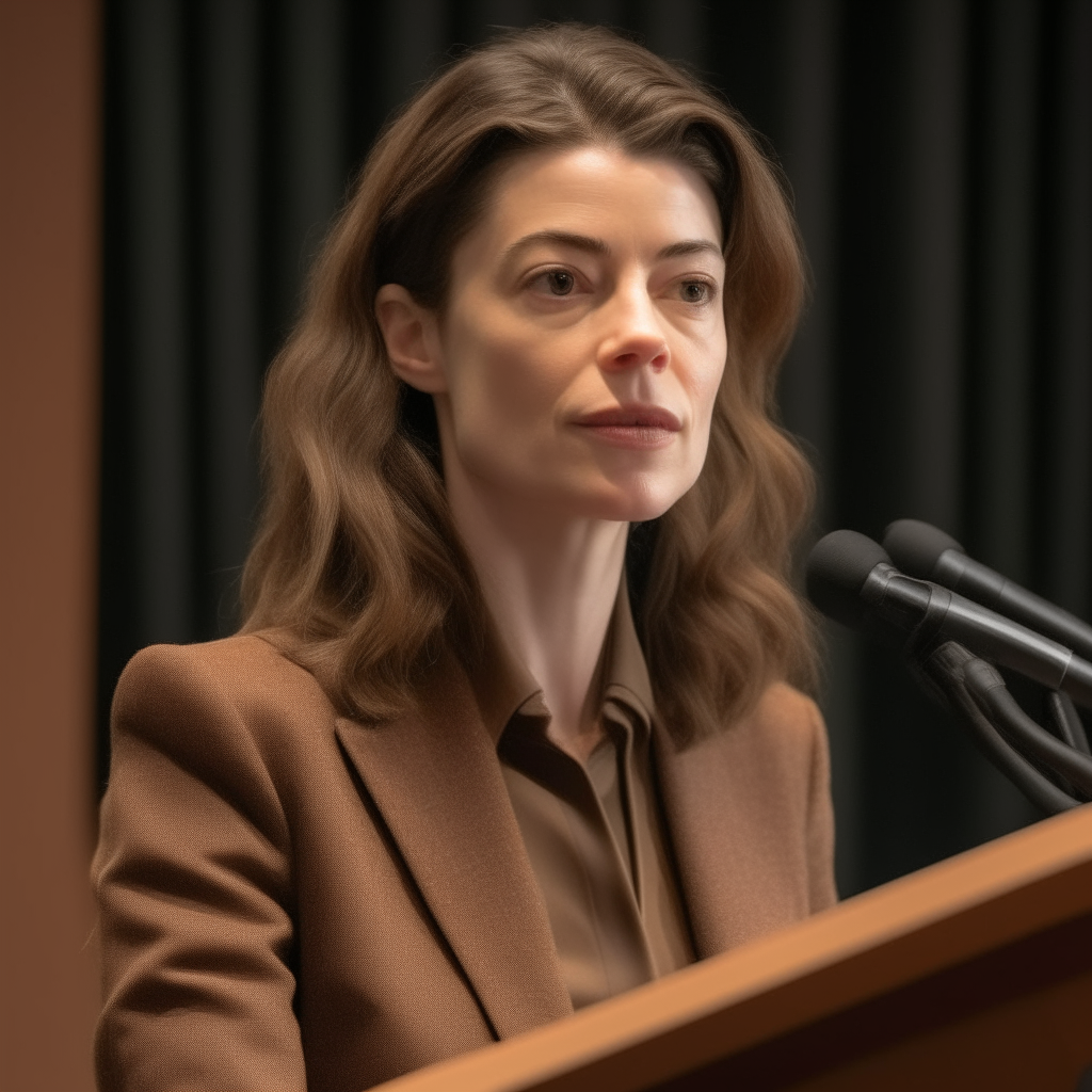 A close-up portrait of the woman from image 13, giving a presentation at a lectern. Her face, hair and brown blazer are faithfully recreated from the reference image.