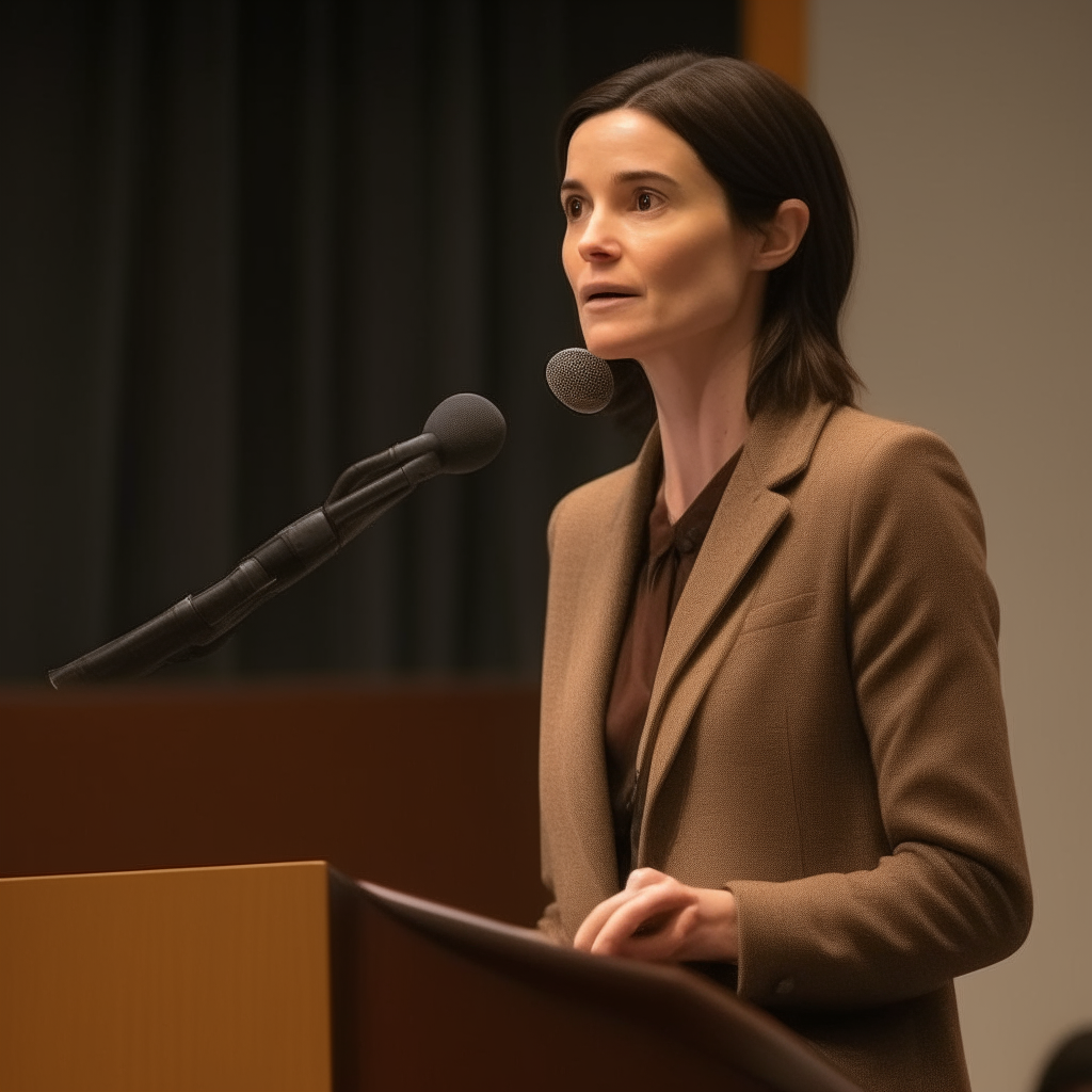 The woman from image 13 addressing an audience while standing at a podium. Her facial features, shoulder-length hair and brown blazer accurately match the reference image.