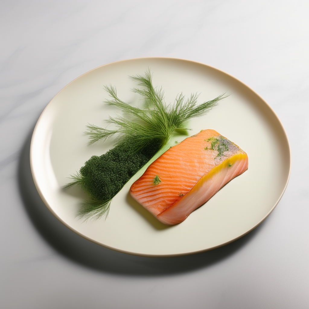 A minimalist plate with a perfectly cooked salmon fillet topped with fresh dill sprigs. It is served with steamed vegetables and a lemon wedge, against a clean, contemporary backdrop.