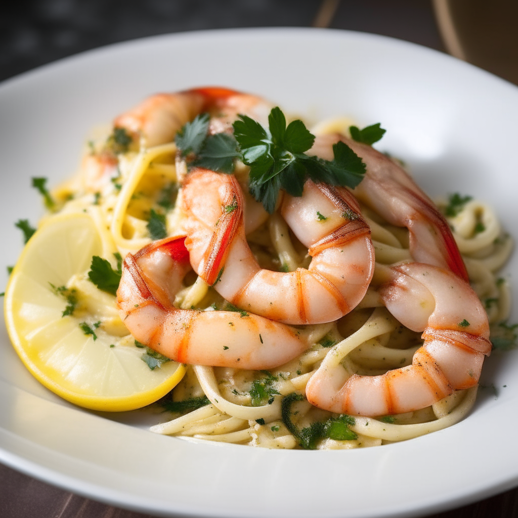 A modern plate with shrimp bathed in a garlicky, lemony butter sauce over linguine. It is garnished with parsley, lemon slices and red pepper flakes.