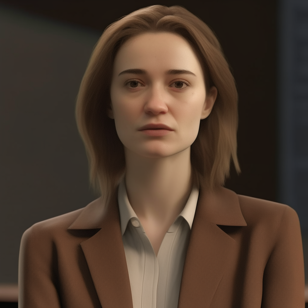 A close-up portrait of the woman from reference image 13, with her facial features, shoulder-length hair and brown blazer composited onto the body and background of image 14. She is giving a presentation at a lectern.