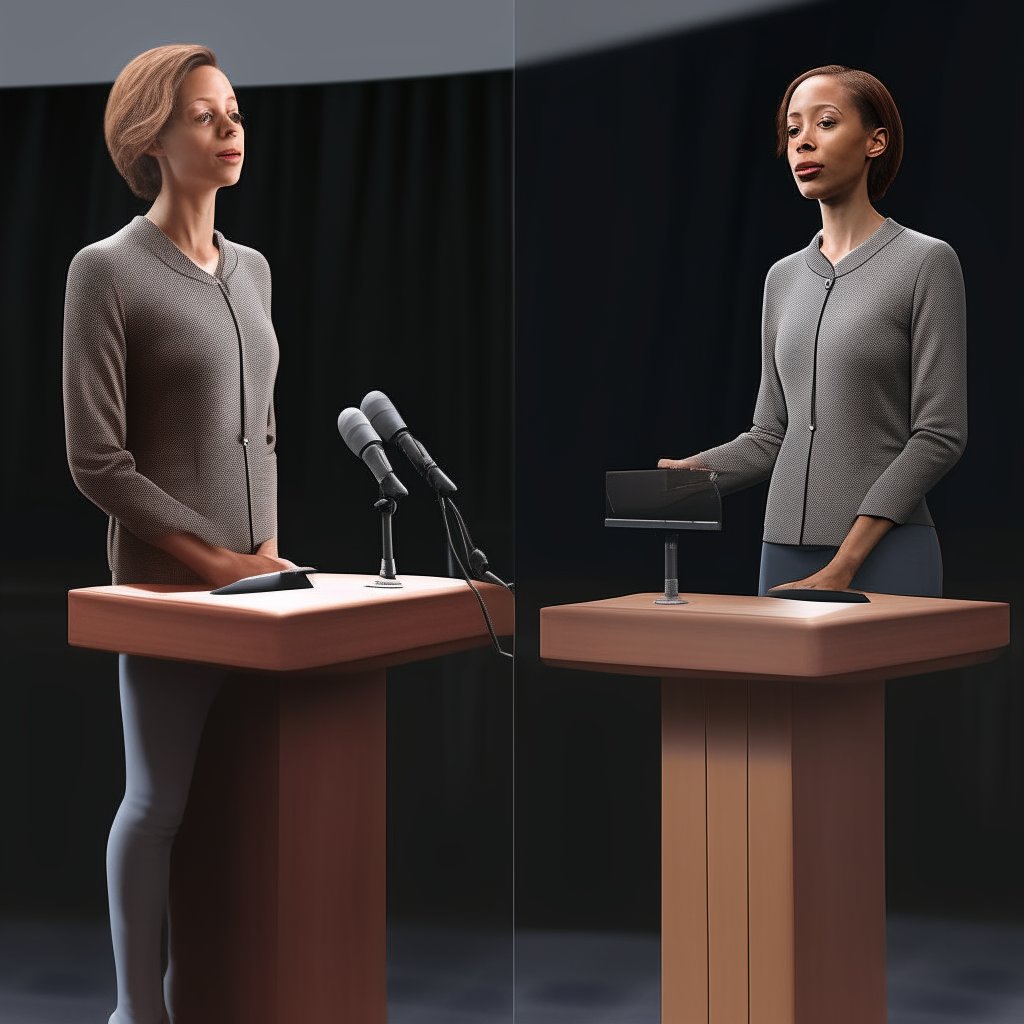 The woman from reference image 13, with her appearance faithfully recreated using image 13 as the reference, composited onto the body and background of image 15. She is standing at a podium addressing an audience.