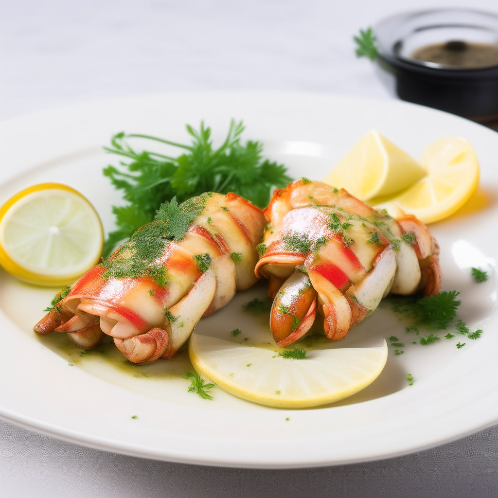 Two lobster tails with garlic butter sauce on an elegant white plate, garnished with parsley and lemon.