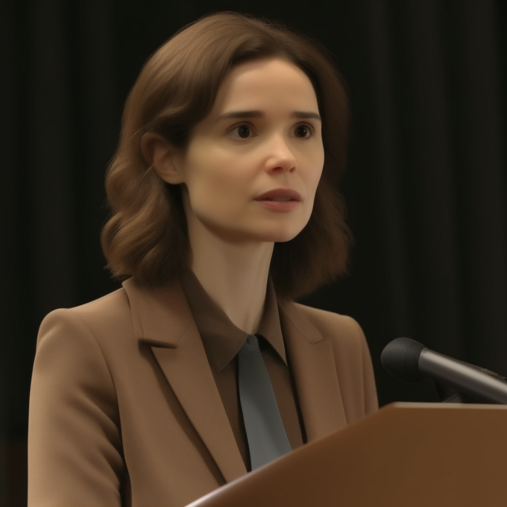 A close-up portrait of the woman from reference image 13, giving a presentation at a lectern. Her facial features, shoulder-length hair and brown blazer accurately match the reference image.