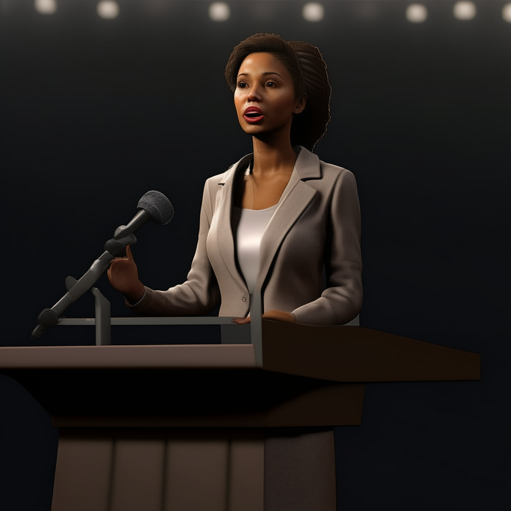 The woman from reference image 13 addressing an audience while standing at a podium. Her appearance, including facial details, hair and clothing, are carefully adapted from the reference image.