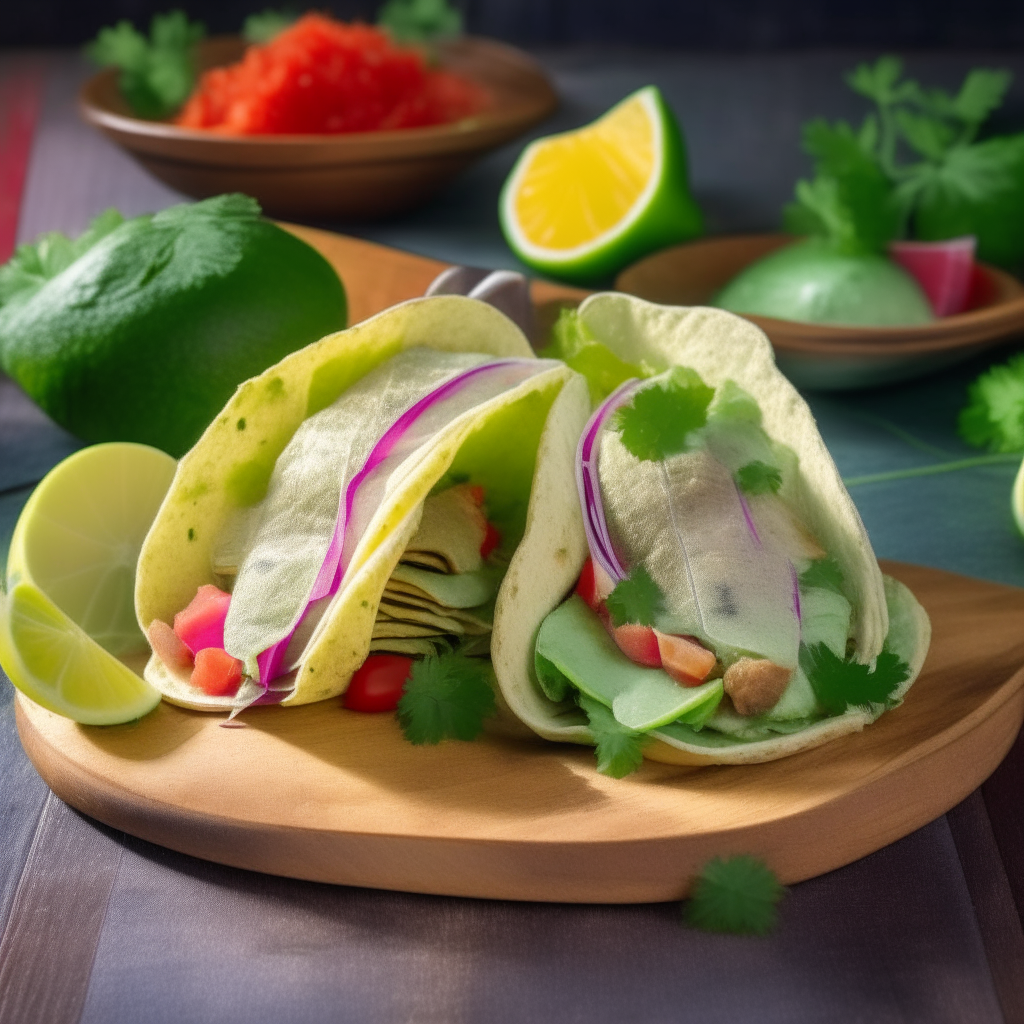 Two soft corn tortillas with battered fish, tomatoes, cabbage, lettuce, avocado sauce, radishes and cilantro on a rustic wooden board with lime wedges, against a laidback coastal kitchen backdrop.