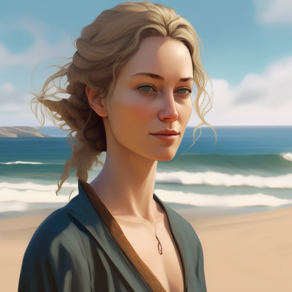 A portrait of the woman from reference image 13 on a beach, gazing at the ocean. Her facial features, hair and clothing are carefully adapted from the reference to maintain her appearance.