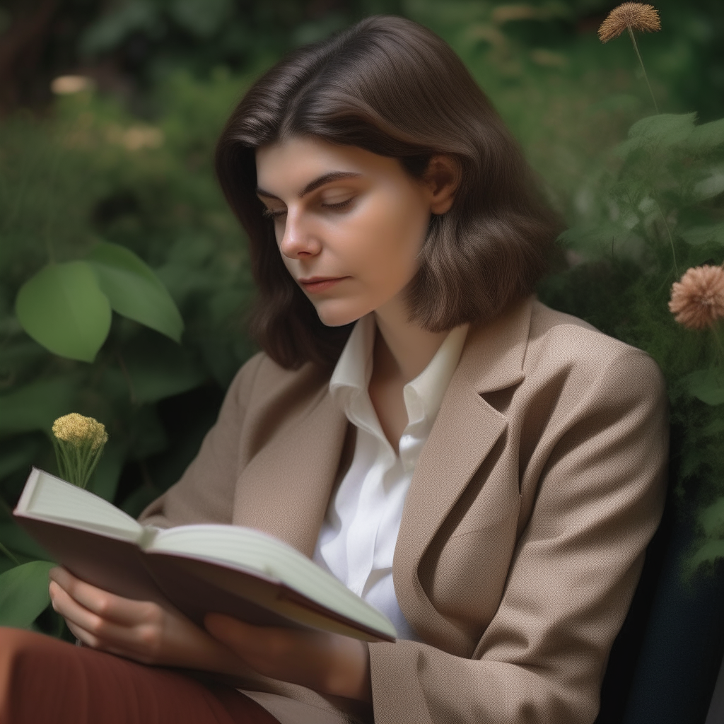 The woman from reference image 13 relaxing in a garden, reading a book. Her face, shoulder-length hair and brown blazer are faithfully recreated from the reference image.