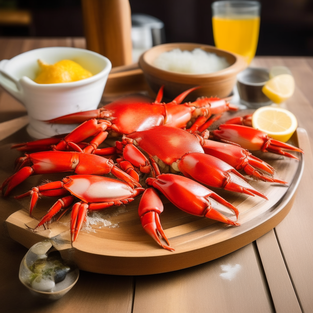 A rustic wooden tray with a pile of bright red steamed crab legs, served with melted butter and lemon wedges in a breezy coastal eatery.