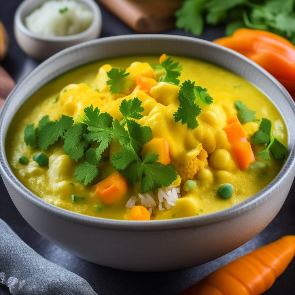 A deep ceramic bowl showing a colorful mix of vegetables like carrots, peppers, cauliflower and peas in a creamy, golden turmeric curry sauce. Garnished with cilantro and served with rice.