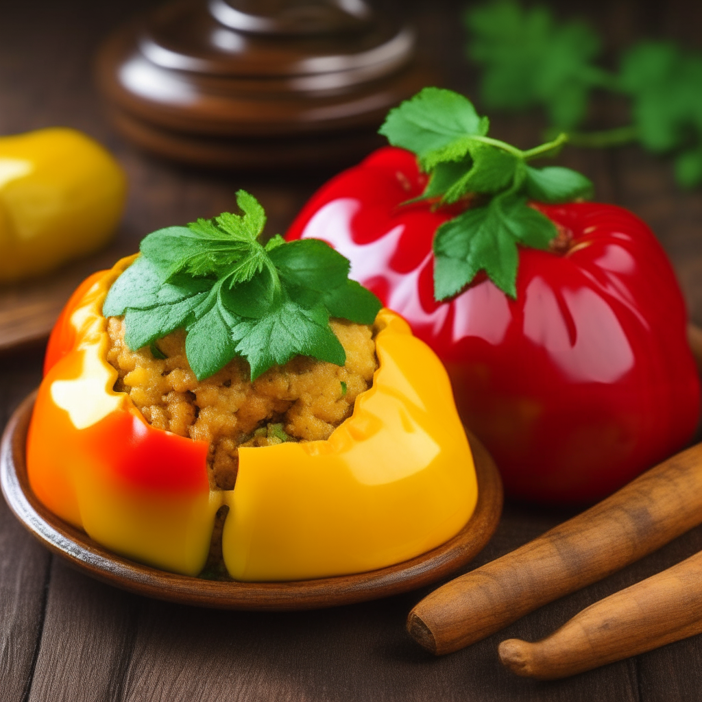 Colorful red, yellow and green bell peppers stuffed with a savory meat, rice and tomato filling, garnished with herbs on a rustic wooden table.