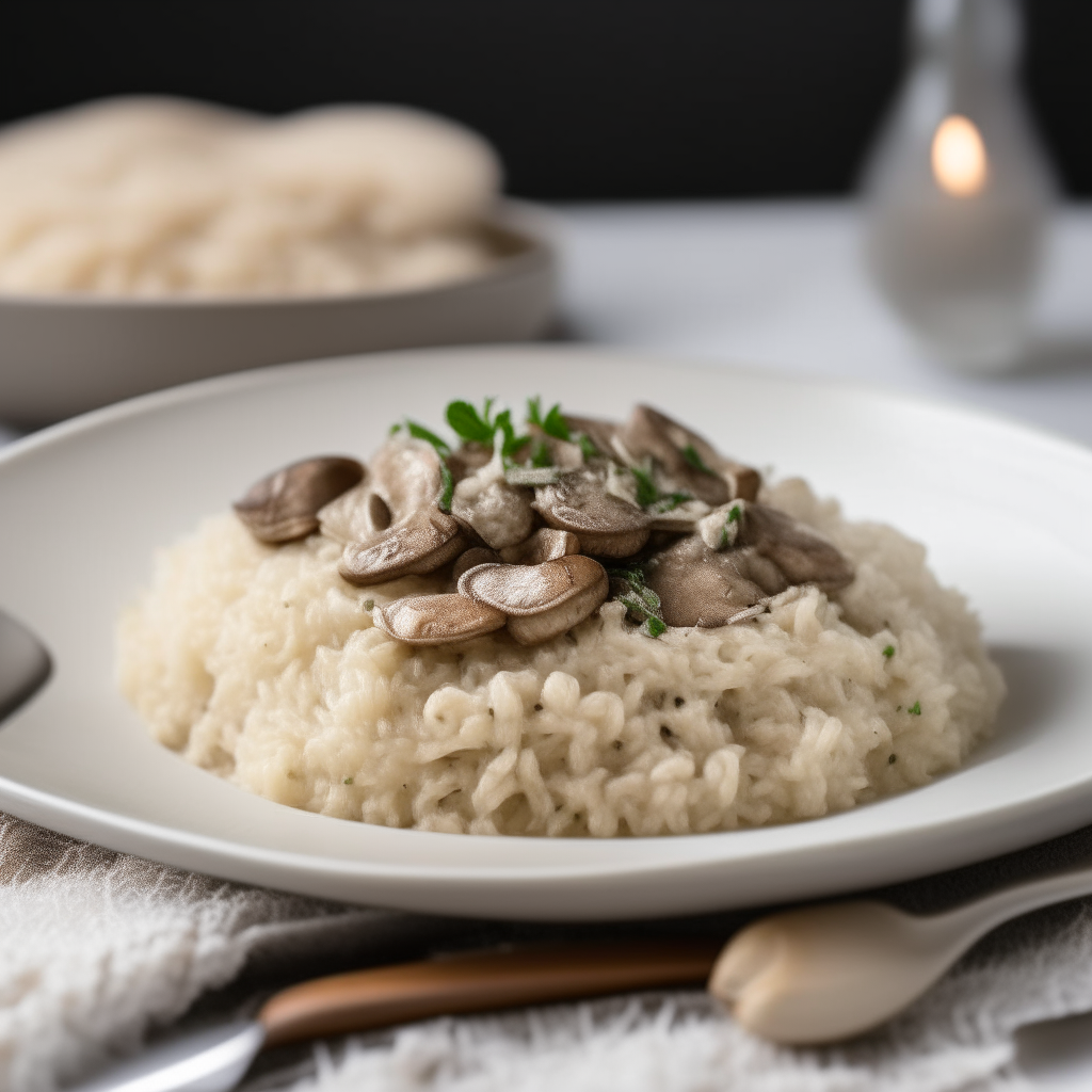 A white porcelain plate with creamy mushroom risotto topped with parmesan. The risotto contains various mushrooms and is served with a fork on a linen napkin.