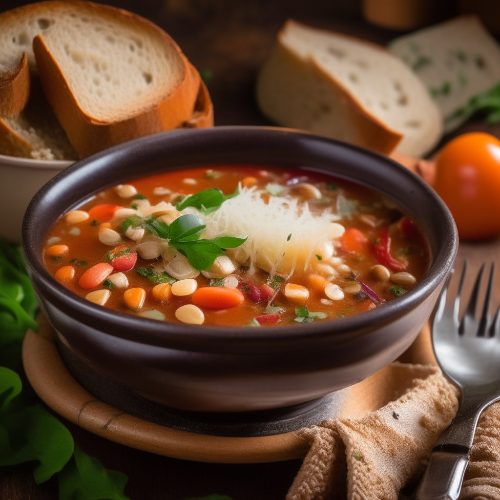 A rustic earthenware bowl filled with minestrone soup made with colorful vegetables, beans, pasta and basil. Served with bread and Parmesan cheese.