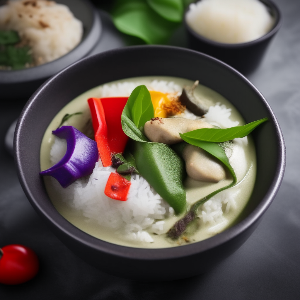 A minimalist bowl with chicken, peppers and Thai eggplant in a creamy green coconut curry. Garnished with basil and chili, served with jasmine rice.