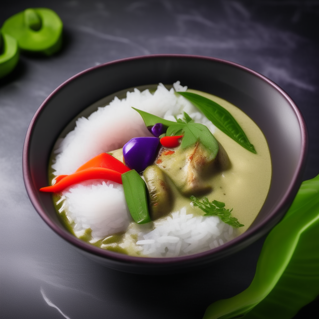 A minimalist bowl with chicken, peppers and Thai eggplant submerged in a vibrant green coconut curry sauce. Garnished with basil and chili, served with jasmine rice.