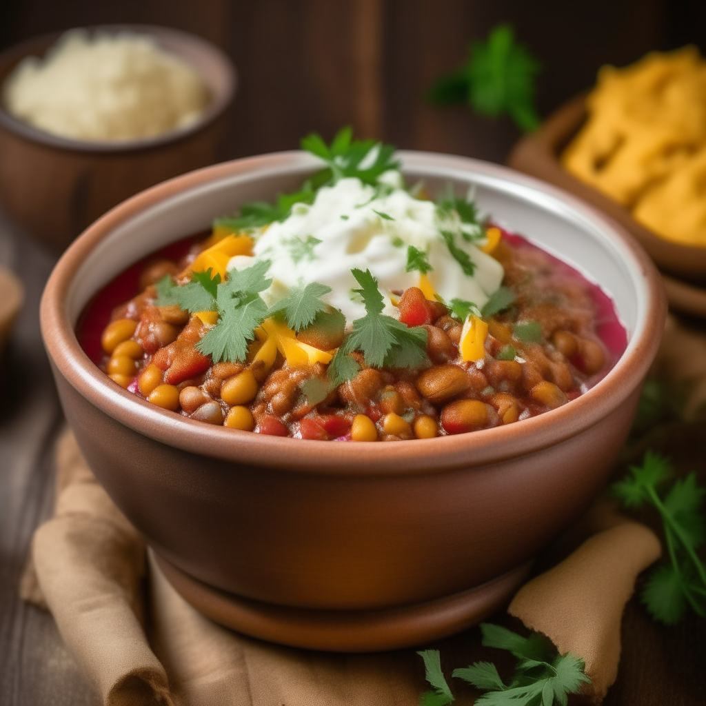 A rustic ceramic bowl filled with vegetarian chili made with beans, peppers, corn and tomatoes. Topped with cheese, sour cream and cilantro.