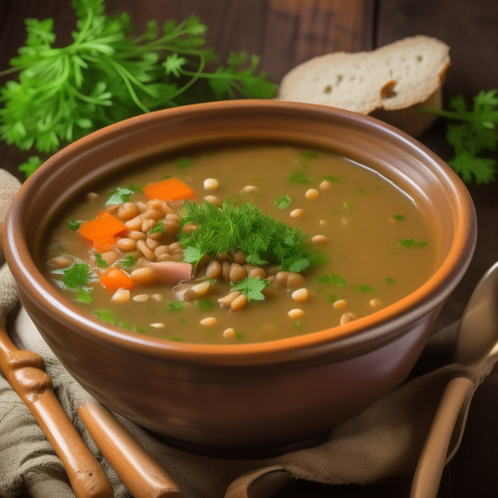 A deep earthenware bowl filled with green lentil soup garnished with parsley. It contains carrots, celery and onions and is served with crusty bread.