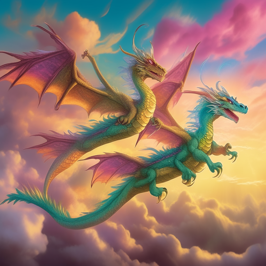 A pair of majestic dragons flying together through colorful clouds, their scales glittering in the sunlight