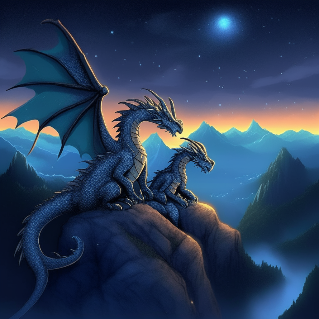 Two loving dragon mates resting together on a mountain peak, gazing at the stars as night falls