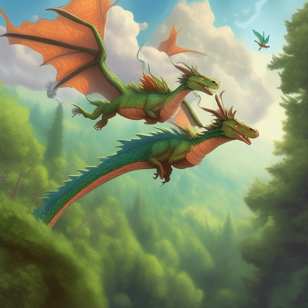 A handsome dragon couple soaring high above a lush forest, joyfully spiraling through the sky