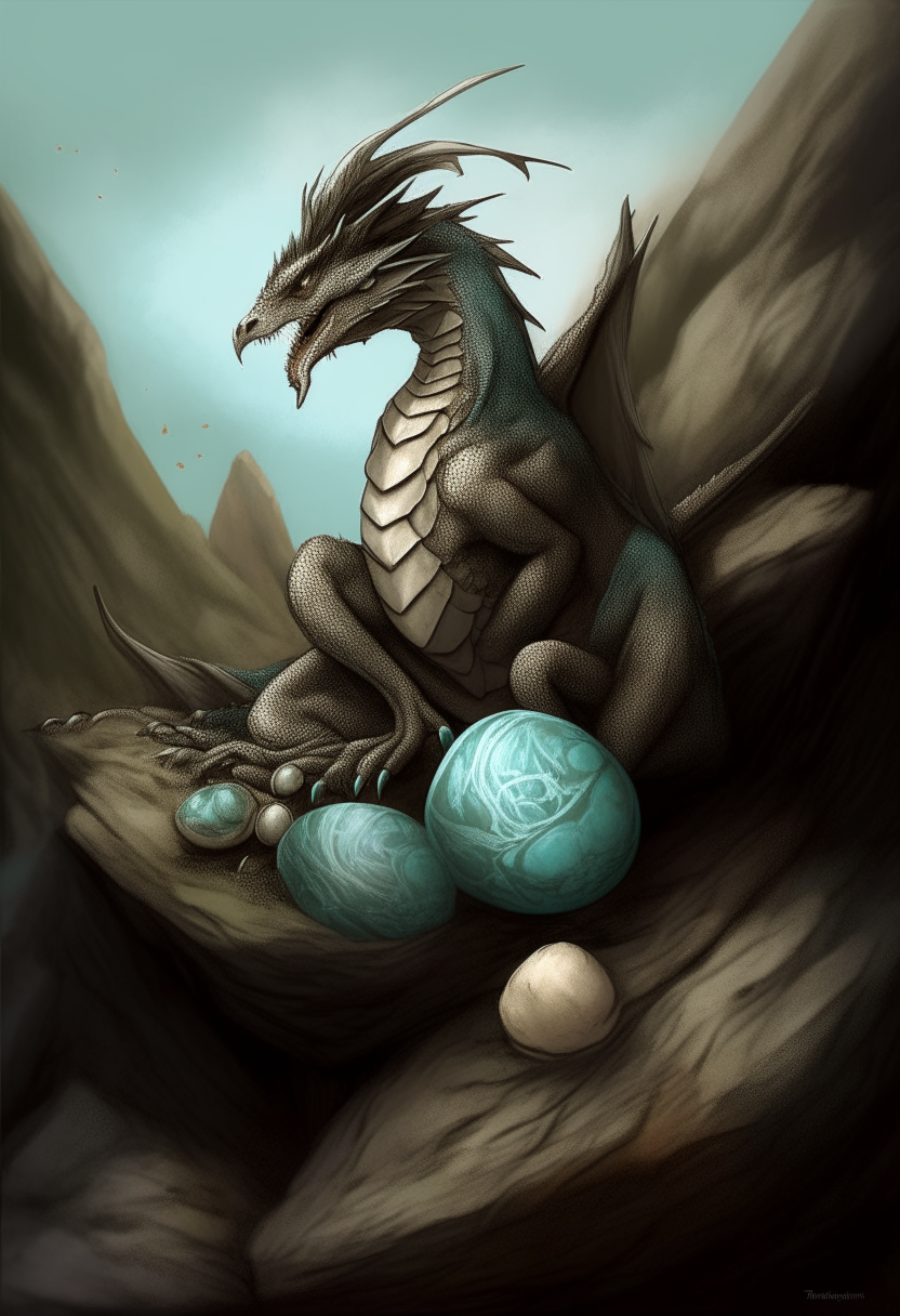 A protective mother dragon guarding her nest of eggs on a rocky cliff, watching vigilantly for any signs of danger