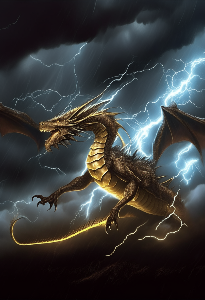 A majestic dragon soaring through storm clouds, its scales glittering with electricity as lightning crackles around it