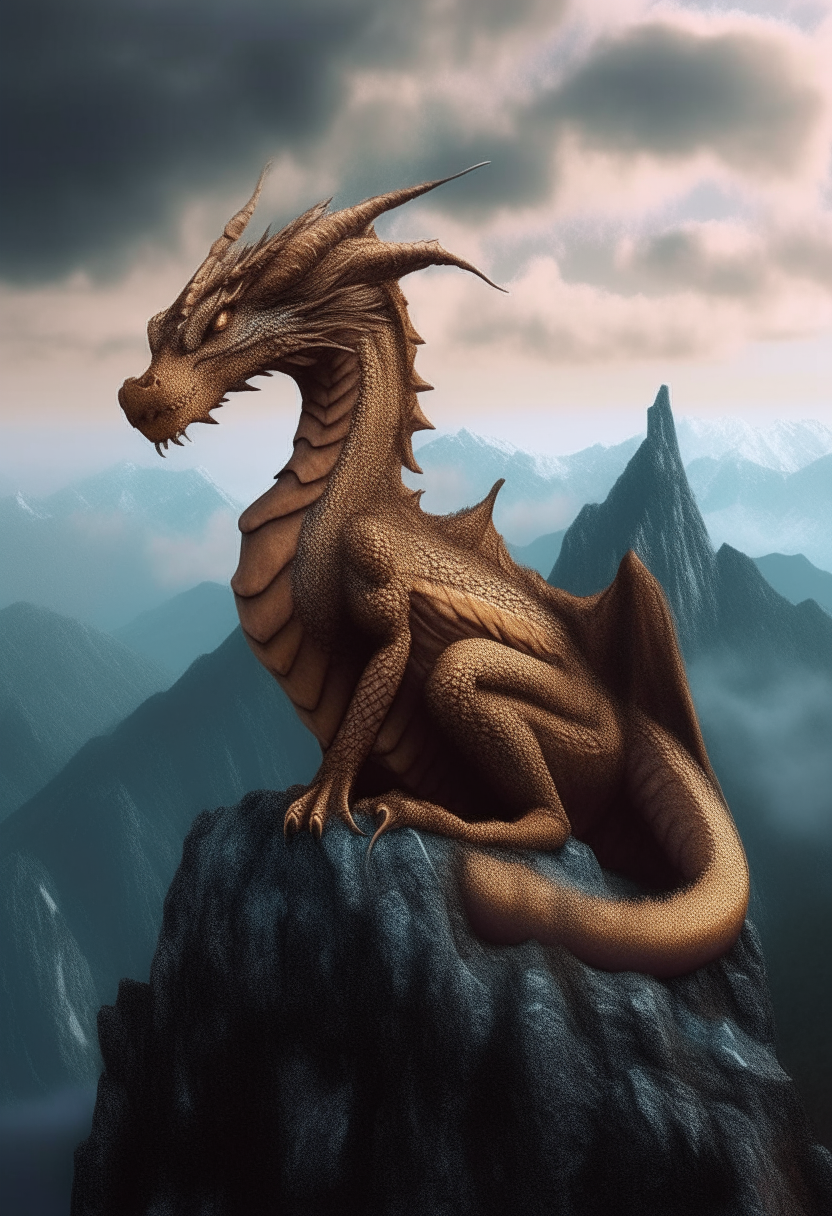 A wise elder dragon meditating on a mountain peak, its ancient eyes gazing deep into the mysteries of the universe
