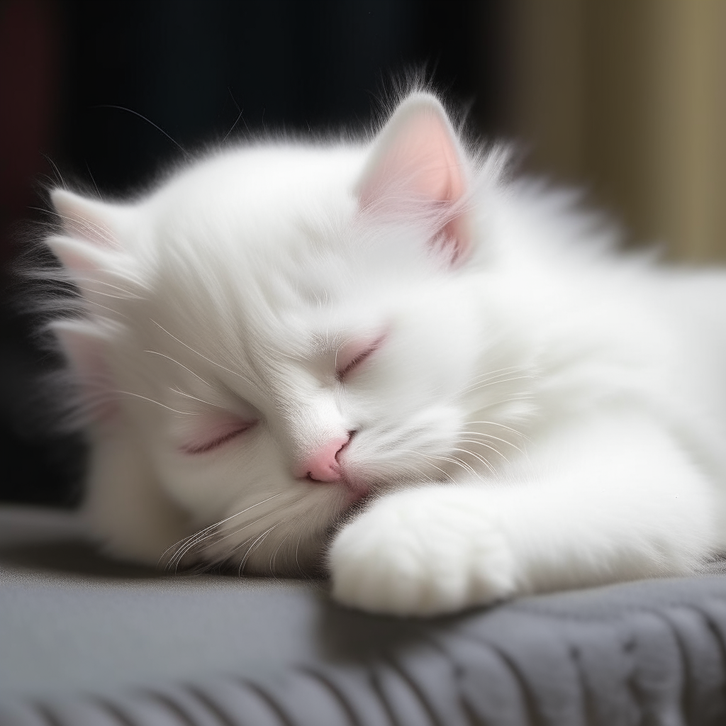 A fluffy white kitten sleeping peacefully