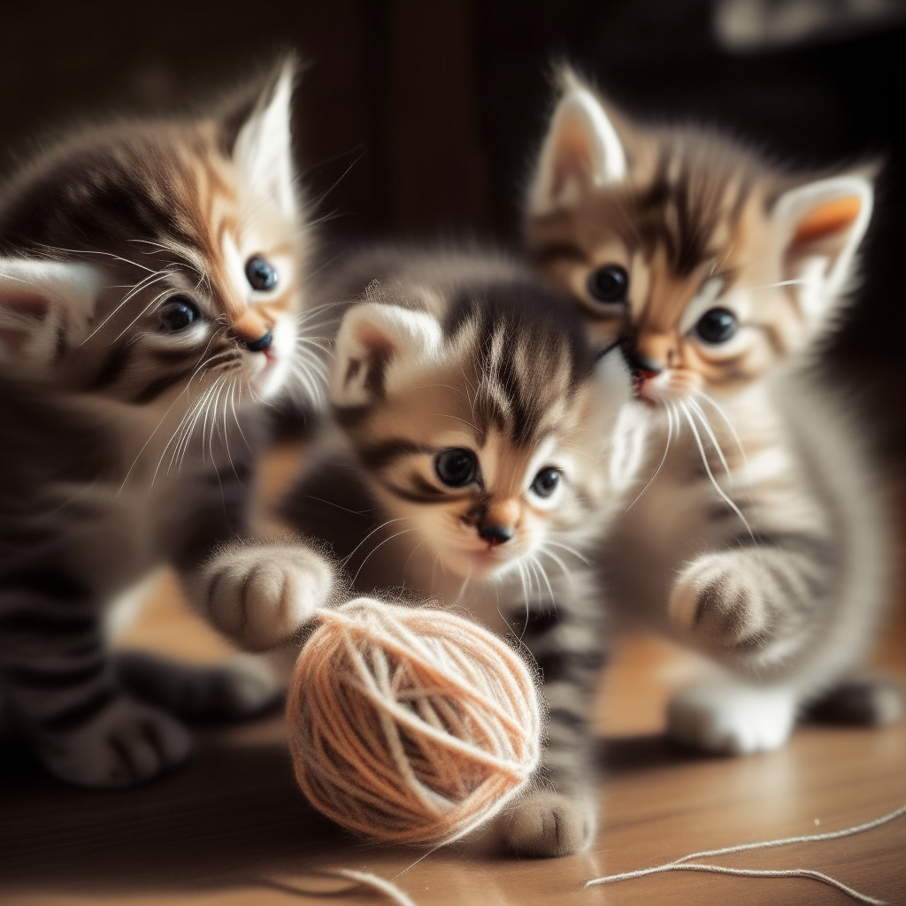 Three playful baby kittens chasing a ball of yarn
