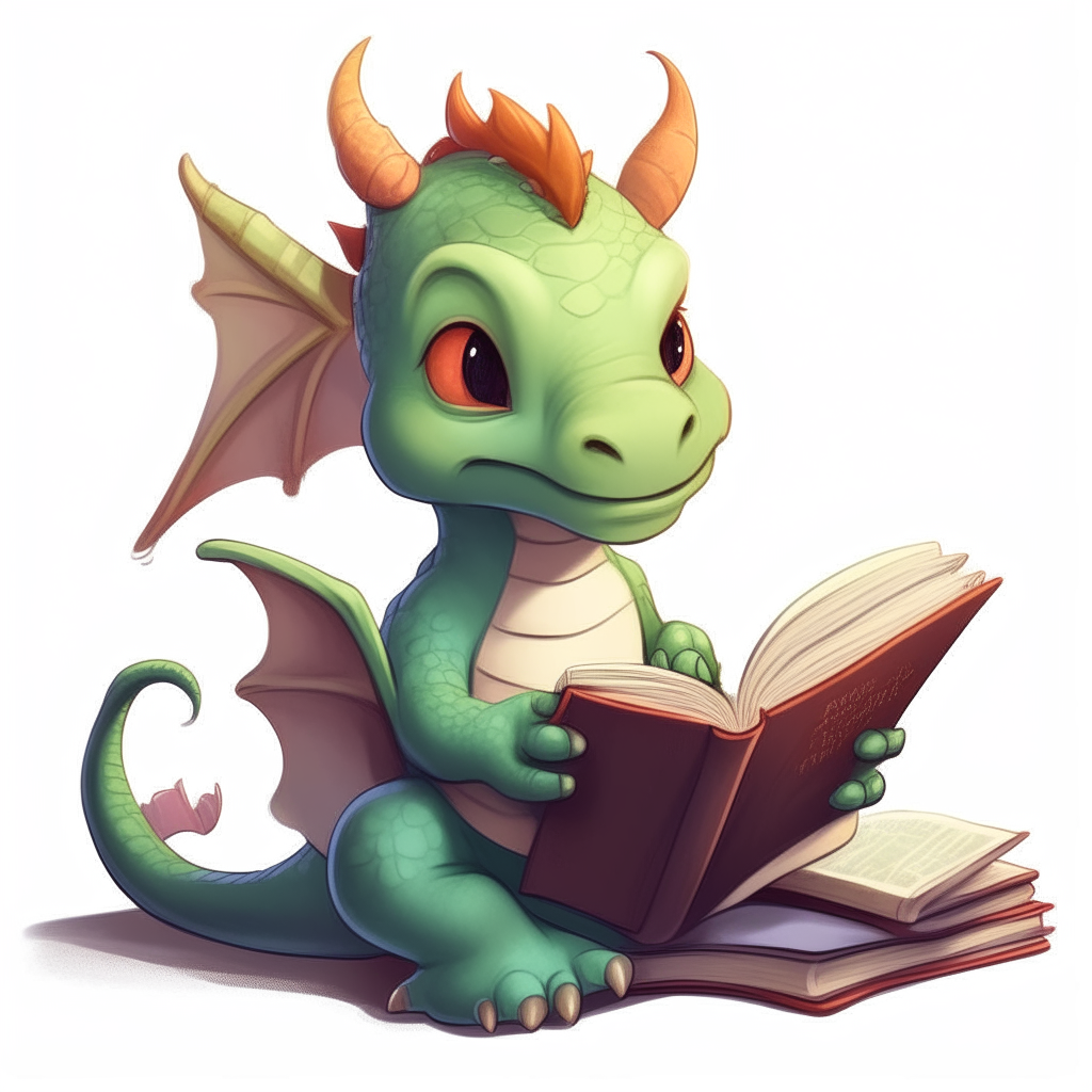 A baby dragon sitting peacefully reading a large book