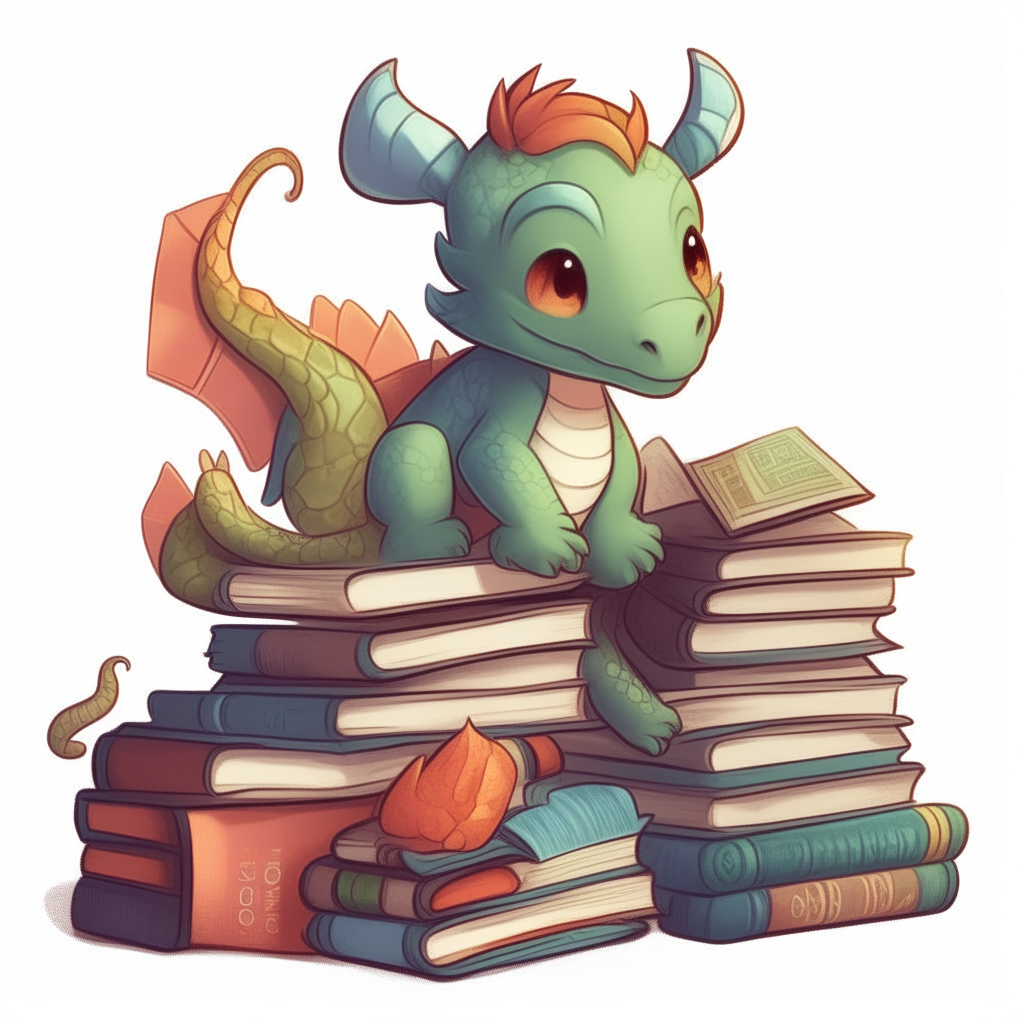 A cute baby dragon curled up next to a stack of books, selecting their next read