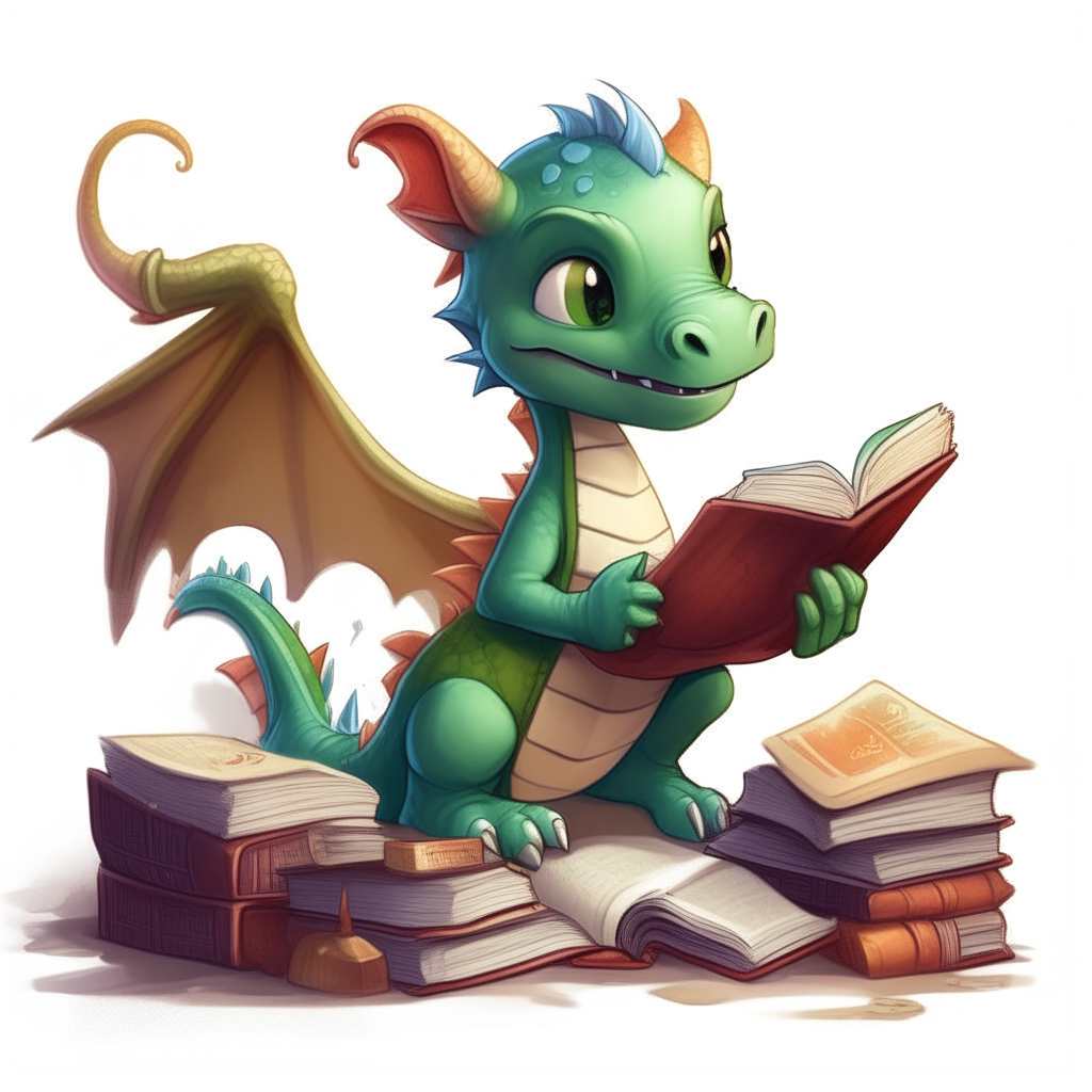 A playful baby dragon exploring a library, dragging a book in each claw