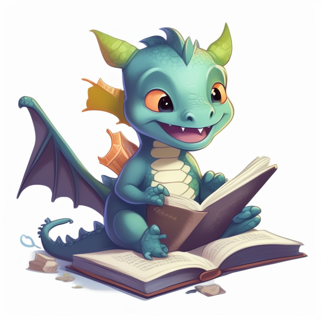 A cute baby dragon counting coins while reading a book about finance