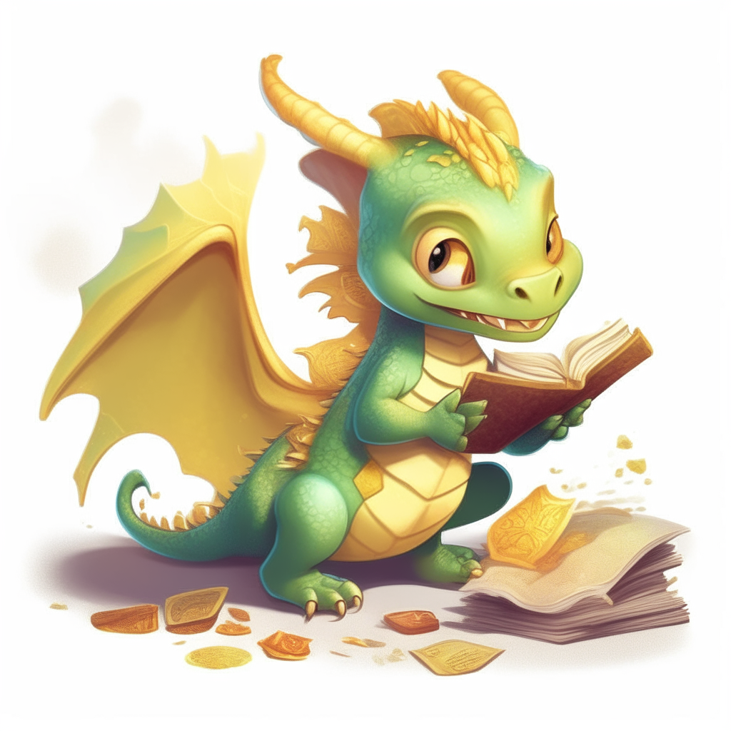 A playful baby dragon dragging a bag of gold while flipping through a storybook