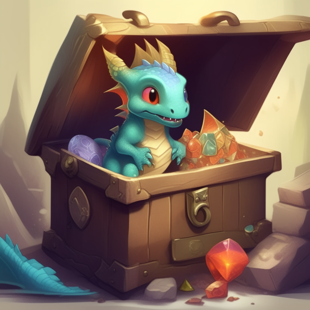 A curious baby dragon peering into an open treasure chest and selecting a gemstone to examine more closely