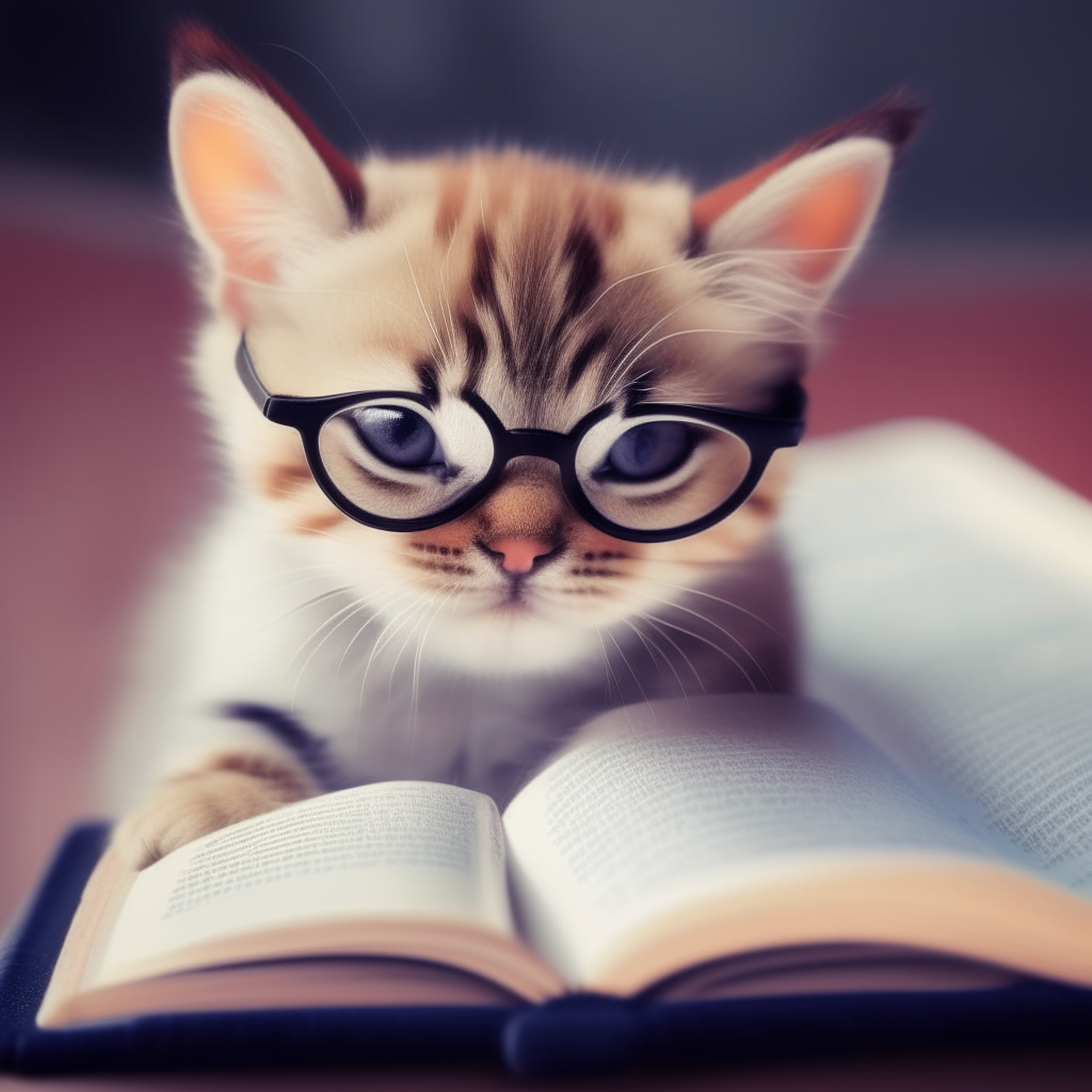 A cute kitten wearing glasses and holding a book, reading intently