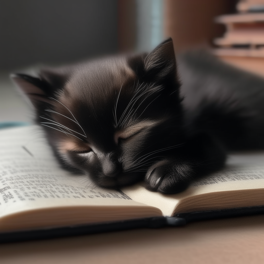 A sleepy black kitten dozing next to an open book, a paw still resting on the page