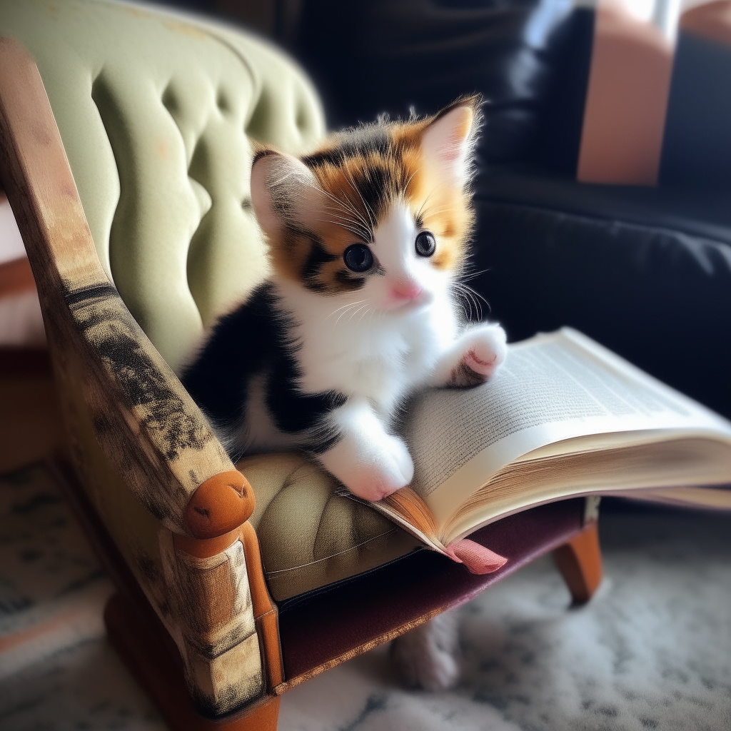 A calico kitten in a cozy armchair, pawing through the pages of a hardcover novel