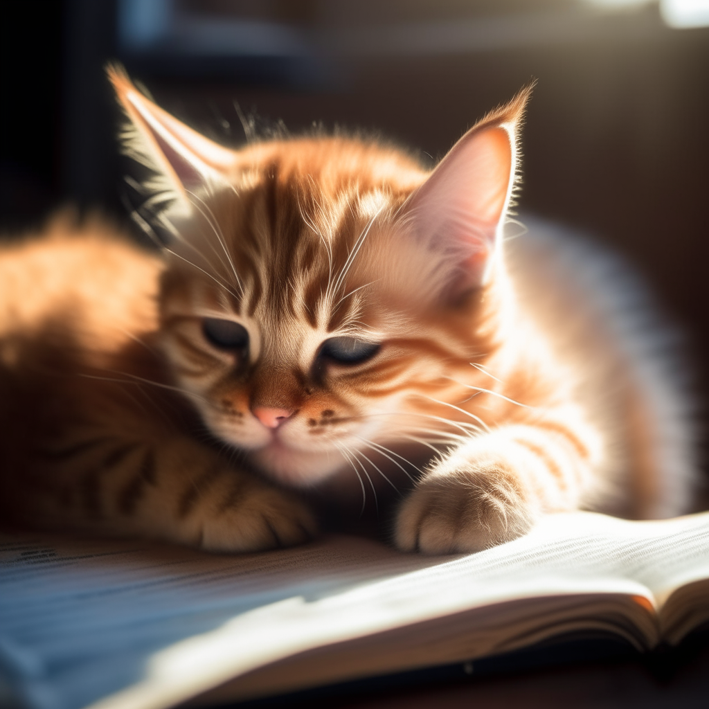 A fluffy orange tabby kitten curled up in a sunbeam, engrossed in a storybook