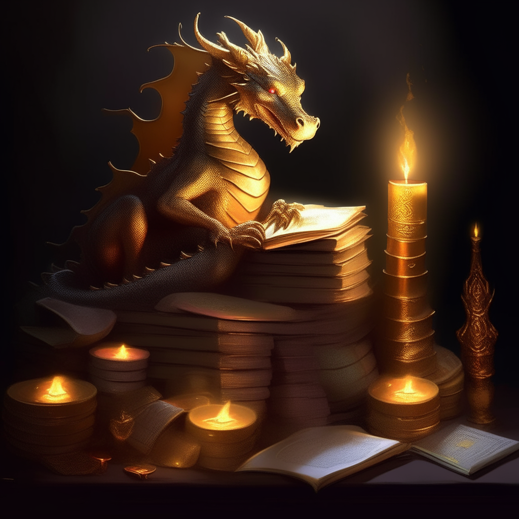 A dragon sitting on a pile of gold coins, reading an old book by candlelight