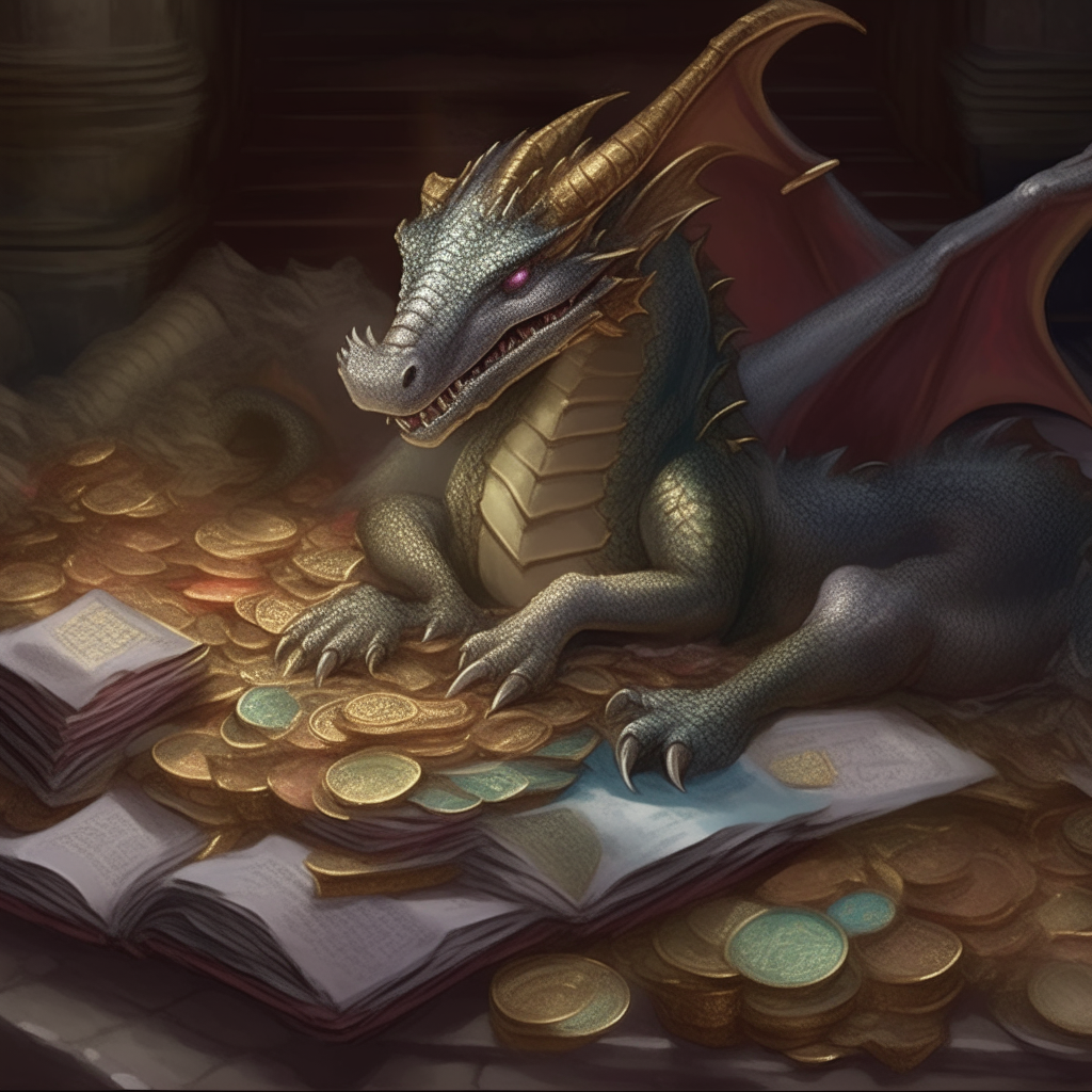A dragon lounging on a carpet of coins, engrossed in an ancient spellbook