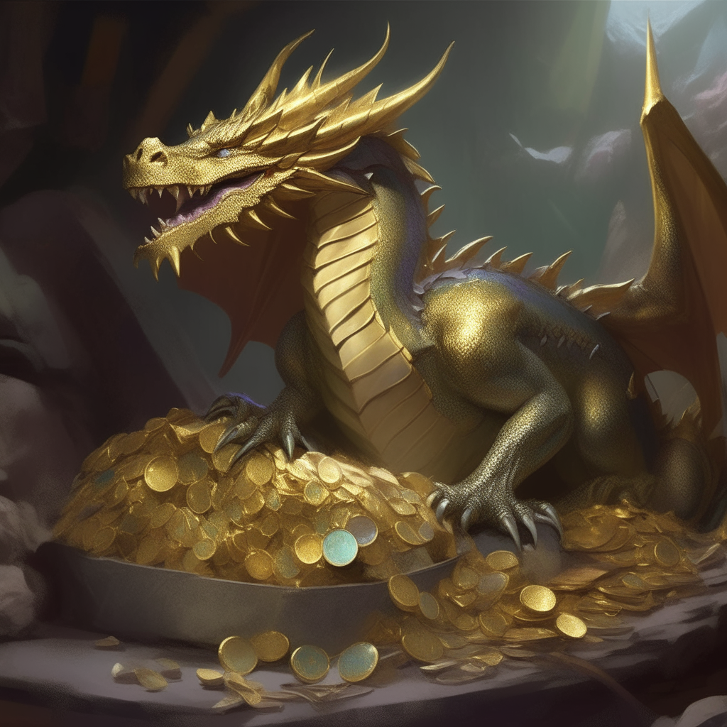 A dragon guarding a hoard of gold and jewels, taking a break to peruse a dusty volume