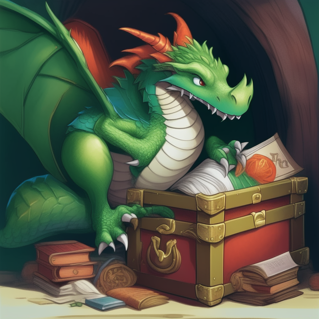 A green dragon curled up next to a treasure chest, engrossed in a large illustrated tome