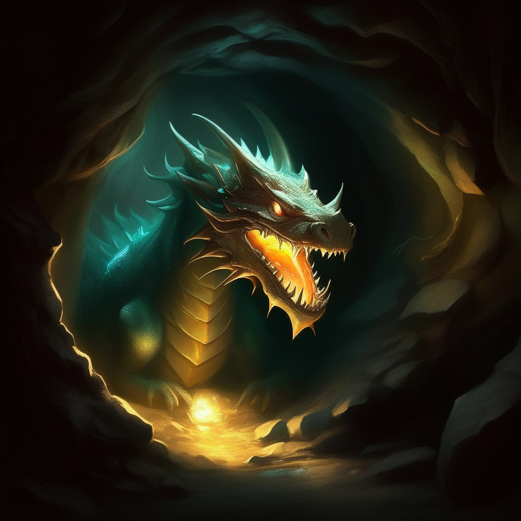 A dragon emerging from the shadows of the cave, its eyes glowing as it eyes its hoard of riches