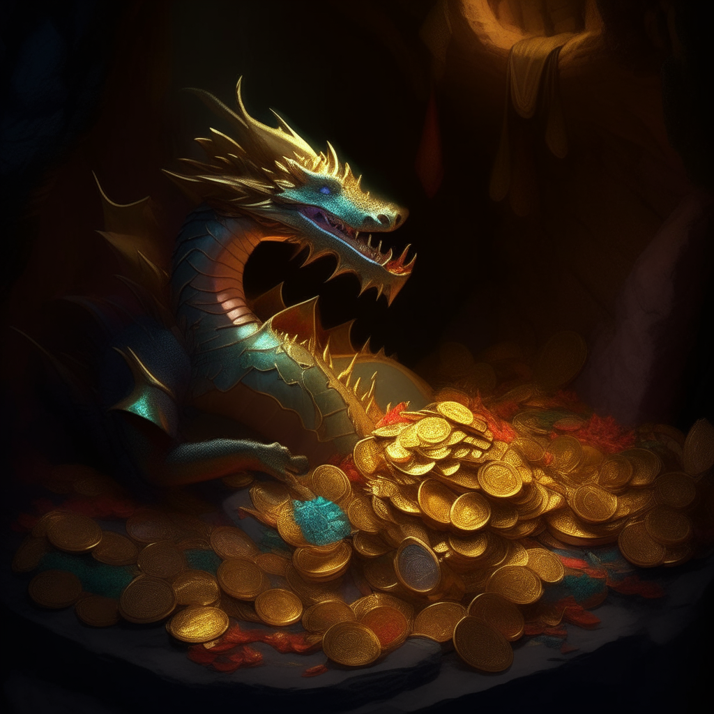 A dragon curled up asleep on a pile of gold coins and jewels in a dark cave lit only by torchlight