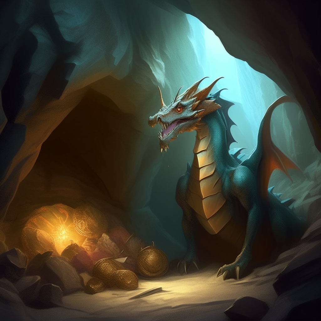 A dragon guarding a mountain of treasure, gazing out from its lair deep in the cave