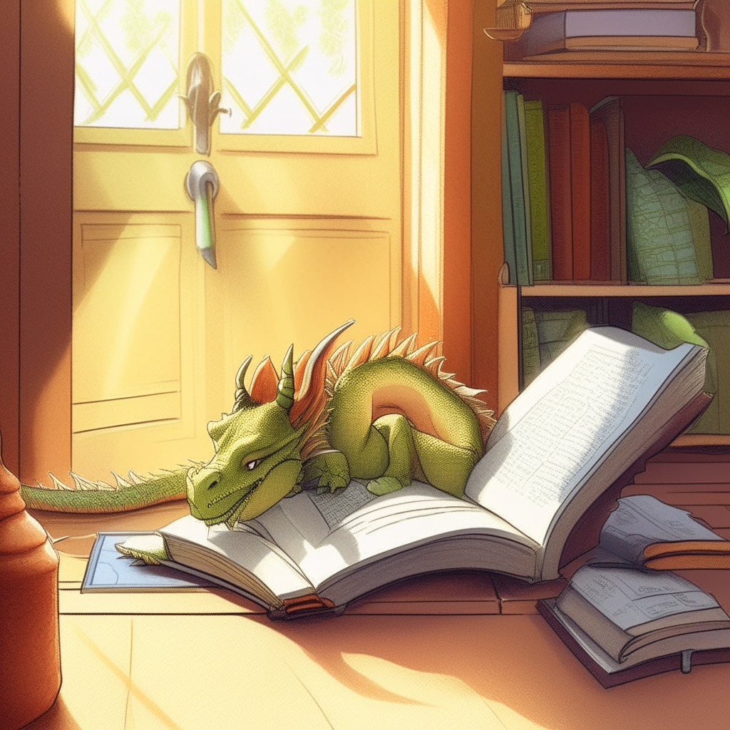 A pet dragon napping with a book open across its belly, sunning itself by the open back door on a sunny afternoon