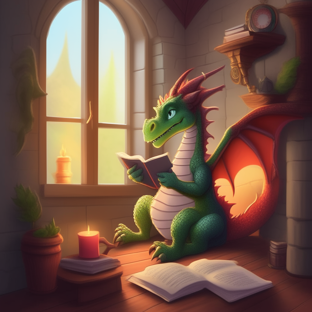 A friendly dragon sitting by a window, reading a large book in a cozy living room with a fireplace