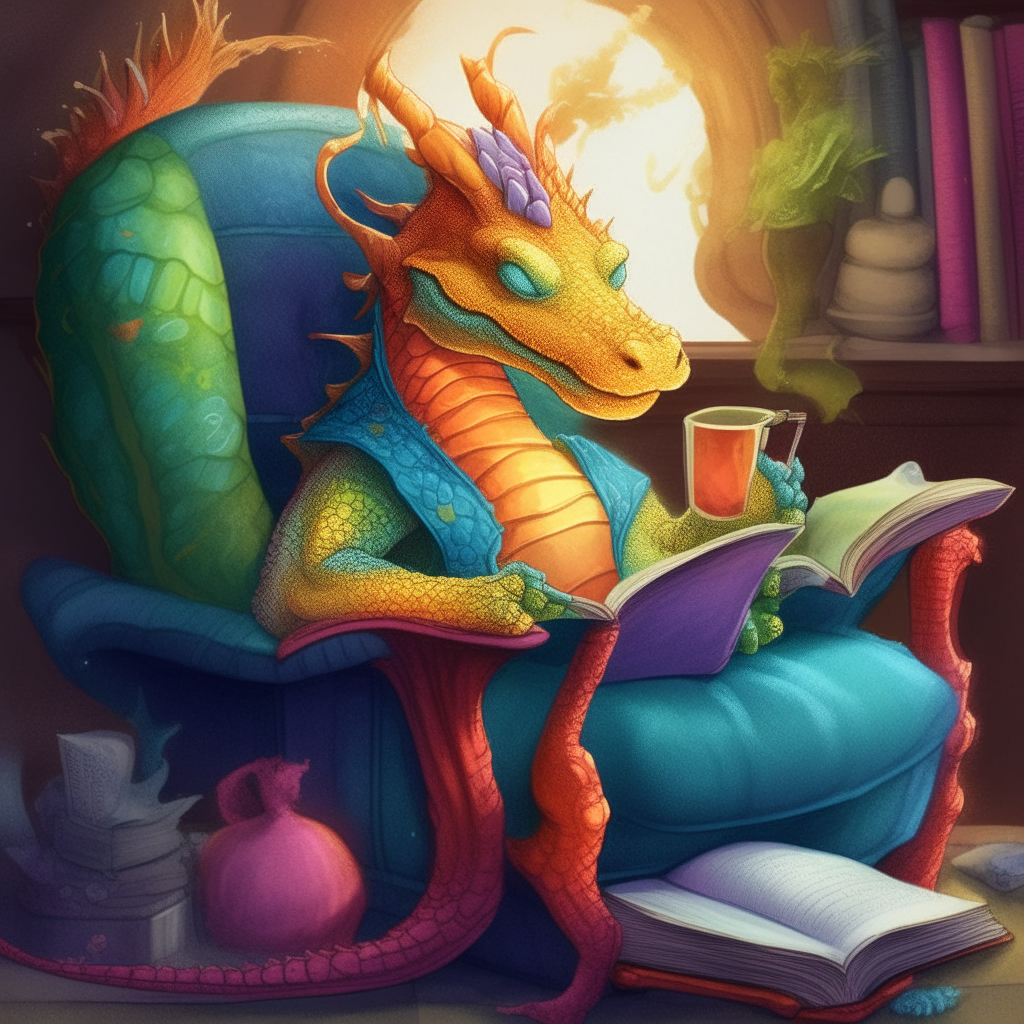 A colorful dragon wearing glasses and deeply engrossed in a fantasy novel, curled up on an overstuffed armchair