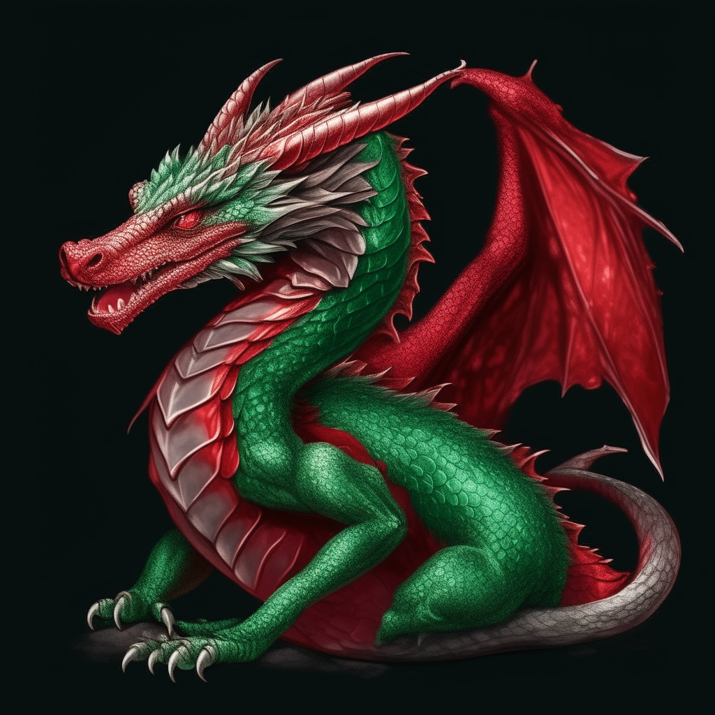 A majestic dragon with green scales gently rolling a ruby between its claws
